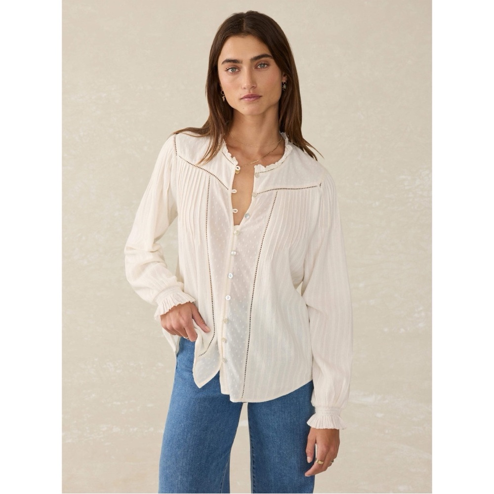 Faherty Lily Button Front Long‎ Sleeve Blouse in Egret White